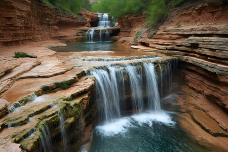 Water cascading down a series of small waterfalls and collecting in pools within a red rock canyonの素材