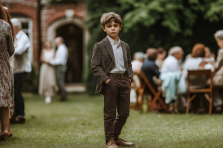 Young boy wearing a tweed jacket and brown chinos stands in a garden with his hands in his pockets during a family gatheringの素材