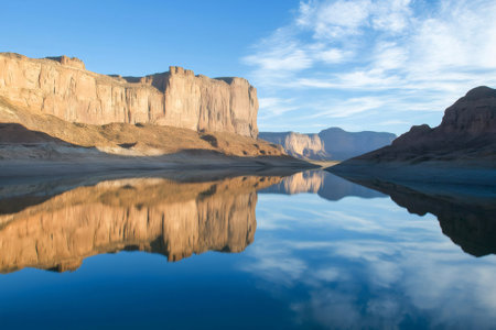 Calm blue lake reflecting majestic cliffs and a cloudy sky, illuminated by the gentle morning light, creating a serene landscapeの素材
