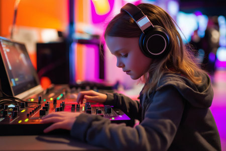 Concentrated girl with headphones manipulating mixing console, learning to DJ in a colorful environmentの素材