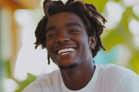 Portrait of a cheerful young man with dreadlocks, smiling broadly and revealing his bright white teeth, radiating joy and positivityの素材