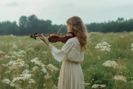 Violinist stands in a lush meadow, surrounded by blooming wildflowers, creating a serene and harmonious scene with natureの素材