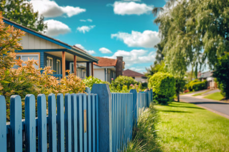 Blue picket fence protecting a house in a quiet suburban neighborhood on a sunny summer dayの素材