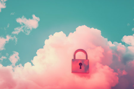 Closed padlock protecting data stored in a pink cloud computing, ensuring security and privacyの素材