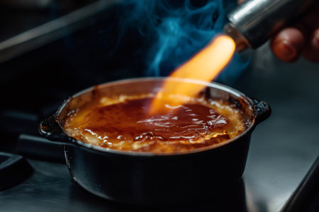Chef using a blowtorch to caramelize the sugar on top of a creme brulee, creating a crispy and delicious layerの素材