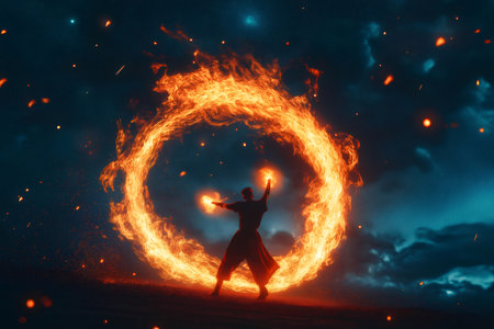 Fire dancer creating circle of fire by spinning flaming poi, performing his show under beautiful starry skyの素材