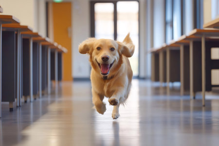 Golden retriever joyfully running through a bright office corridor, weaving between desks with playful energy and a sense of freedomの素材