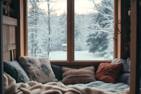 Warm blankets and cushions create a cozy atmosphere on a window seat overlooking a snow covered winter landscapeの素材