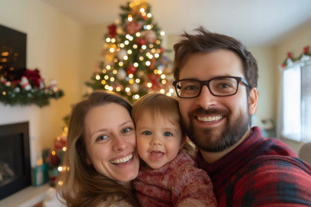 Smiling family capturing a joyful selfie in front of a beautifully decorated Christmas tree at home, celebrating the holiday spirit togetherの素材