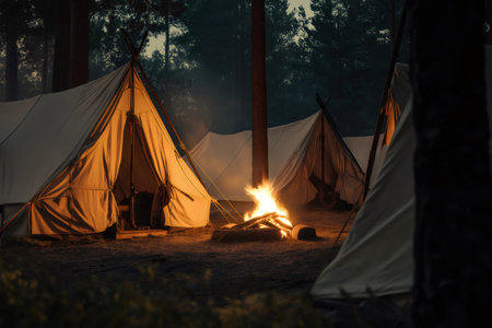 Cozy canvas tents are bathed in the warm glow of a bonfire in a tranquil forest camp at dusk, creating a peaceful and inviting atmosphereの素材
