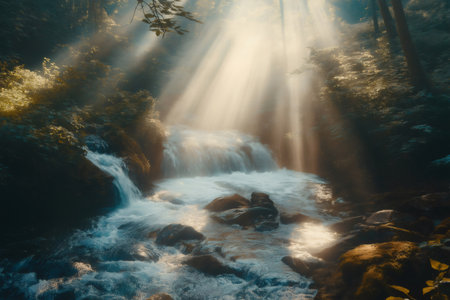 Sunbeams streaming through the lush forest illuminate a misty creek flowing gently over smooth rocks, creating a serene and tranquil sceneの素材