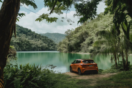 Orange electric car parked near a beautiful lake surrounded by lush vegetation, promoting sustainable tourism and eco friendly travelの素材