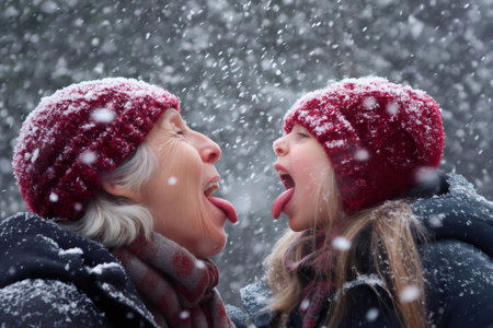 Grandmother and granddaughter catching snowflakes on their tongues during a snowfall, wearing matching red woolen hatsの素材