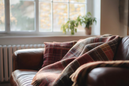 Cozy plaid blanket draped over a leather sofa in a living room, creating a warm and inviting atmosphereの素材