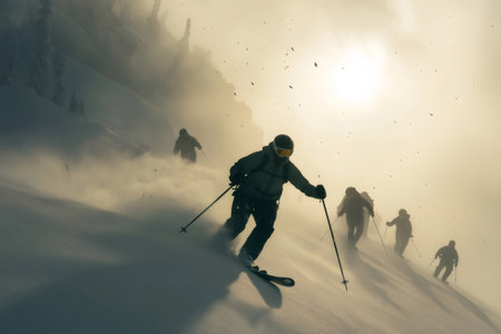 Skiers carving down an off piste slope, enjoying a stunning blend of sunshine and fog on a thrilling winter day in the mountainsの素材
