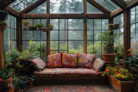 Comfortable bench with colorful cushions inviting to relax in a greenhouse full of potted plants on a rainy dayの素材