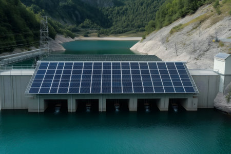 Solar panels are installed on the roof of a hydroelectric power station, combining renewable energy sourcesの素材