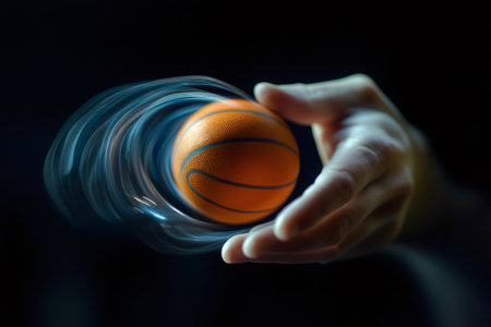 Hand is holding a spinning basketball ball with a motion blur effect on a black background, creating a dynamic and captivating sports conceptの素材