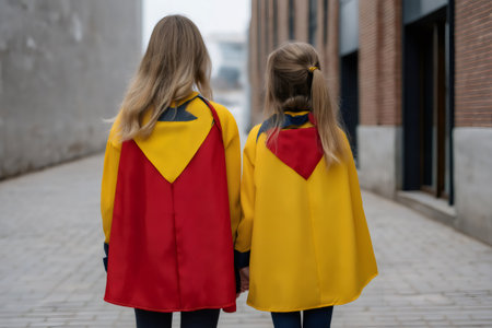 Two girls wearing superhero capes are walking hand in hand down a city street, embodying strength and togethernessの素材