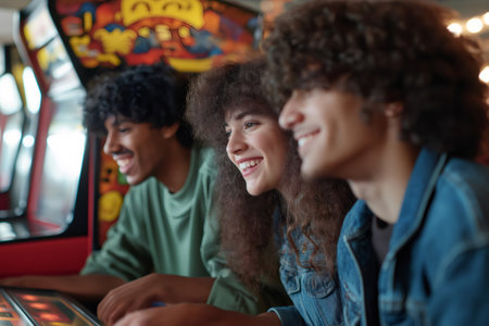 Group of young friends enjoying playful moments while engaging in arcade games at a vibrant gaming center filled with excitement and nostalgiaの素材