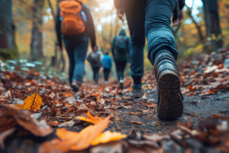 Hikers enjoying a vibrant stroll through a colorful autumn forest, surrounded by stunning foliage and the warm glow of sunlightの素材