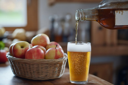 Apple cider being poured into a glass with a basket of fresh apples in the background, celebrating autumn flavorsの素材