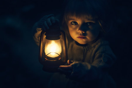 Little child holding a lit lantern, illuminating the darkness and evoking feelings of hope, wonder, and the spirit of adventureの素材