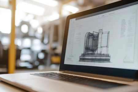 Laptop displaying a 3D engineering project in a factory setting, showcasing industrial design and innovationの素材