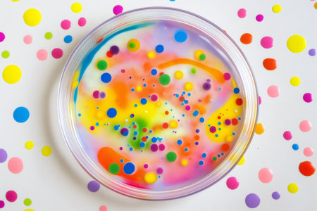 Vibrant dots of various sizes and colors form an abstract pattern inside and outside a petri dish, creating a visually captivating sceneの素材