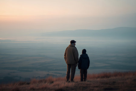 Grandfather and grandson standing on a hilltop watching a beautiful sunrise over a misty valleyの素材