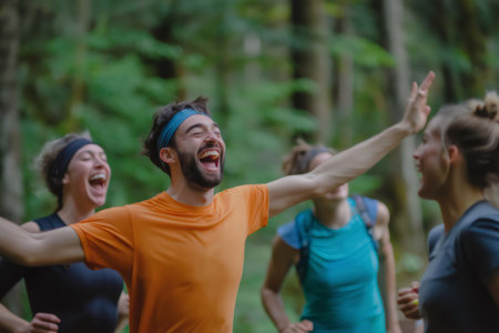 Happy runners celebrating together and stretching in the woods after completing a challenging trail race, filled with joy and achievementの素材