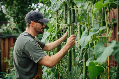 Male farmer securing cucumber plants to a trellis in a garden, ensuring healthy growth and efficient space utilizationの素材