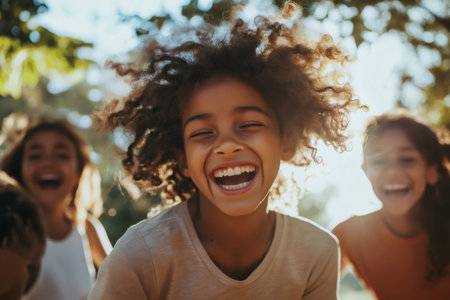 Carefree kids enjoying a sunny day in nature, playing and laughing together, expressing pure joy and happinessの素材