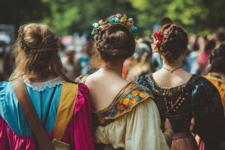 Three women dressed in vibrant medieval costumes, enjoying the lively atmosphere of a renaissance fair, captured from behindの素材
