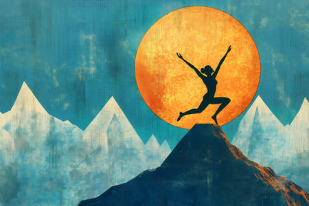 Silhouetted woman practicing yoga on a mountain top with a large sun and snowy peaks, embodying mindfulness and connection with natureの素材