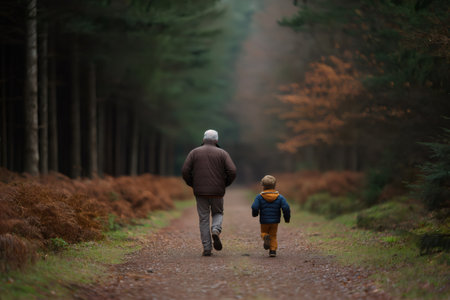 Grandfather and grandson enjoying a peaceful walk together on a path through a tranquil forestの素材