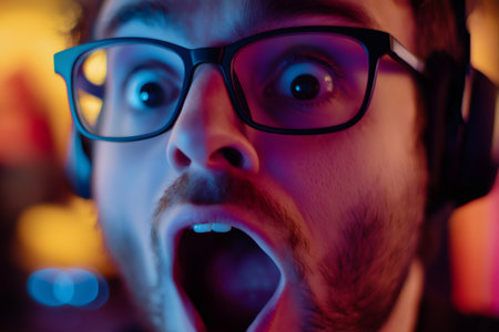 Close up of a streamer with headphones and glasses reacting with amazement to an epic moment during a live streamの素材