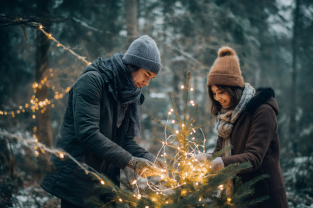 Young couple decorating a small Christmas tree with fairy lights in a snowy forest, enjoying winter holidays togetherの素材
