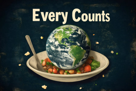 Earth globe resting on a plate with vegetables, symbolizing the importance of every bite in sustainable consumption and food waste reductionの素材