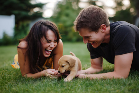 Joyful couple laughs while playing with an adorable puppy on a grassy lawn, capturing a moment of happiness and companionship in a natural settingの素材