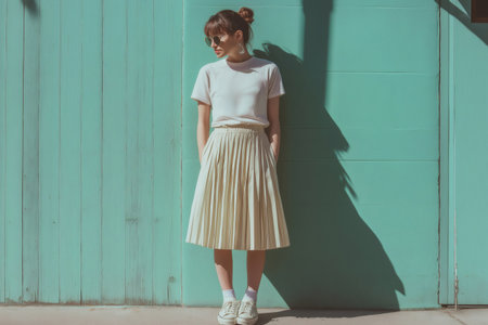Fashionable woman wearing pleated skirt, graphic tee and sneakers posing near a turquoise wall in a sunny dayの素材