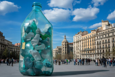 Large transparent plastic bottle sculpture filled with plastic waste in a city square, symbolizing plastic pollution and promoting awarenessの素材