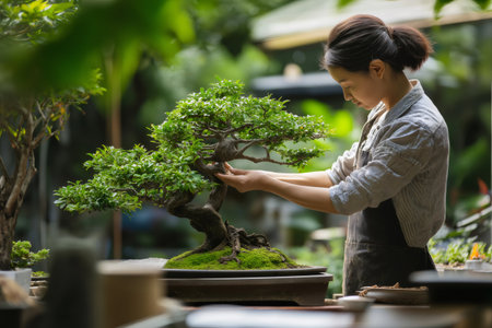 Female gardener taking care of a bonsai tree in a greenhouse, gardening and plant care conceptの素材