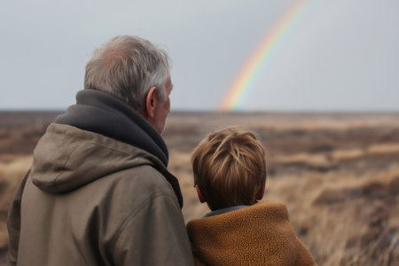 Grandfather and grandson sharing joyful moments while admiring a vibrant rainbow in the serene countryside, creating lasting memories togetherの素材