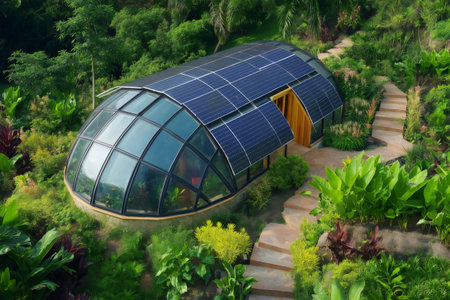 Lush tropical garden featuring a geodesic dome greenhouse, harnessing solar energy from panels installed on the roof for sustainable livingの素材