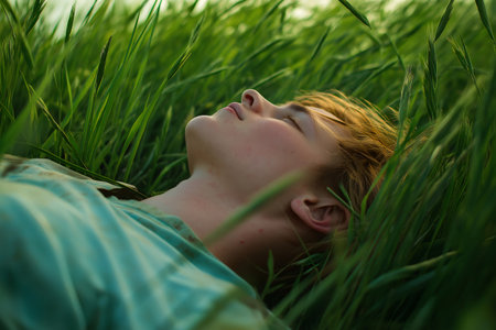 Teenager lying in a field of green grass with closed eyes, enjoying the peace and quiet of natureの素材