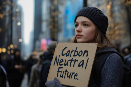 Environmental activist holding a cardboard sign with the text Carbon Neutral Future during a climate protest changeの素材
