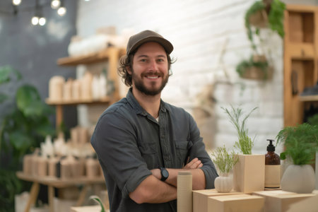 Portrait of a smiling shopkeeper standing with arms crossed in his store of sustainable and ecological productsの素材