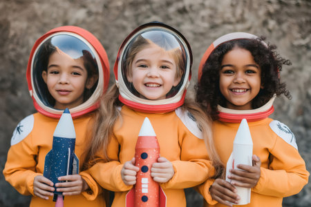 Three joyful children dressed in astronaut costumes, holding toy rockets and beaming with smiles, embodying the spirit of exploration and adventureの素材