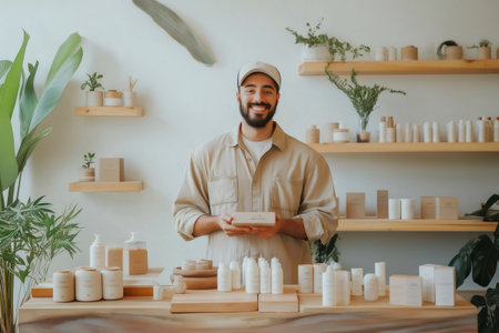 Male entrepreneur presenting eco friendly cosmetics in his shop, highlighting sustainable packaging and minimalist designの素材